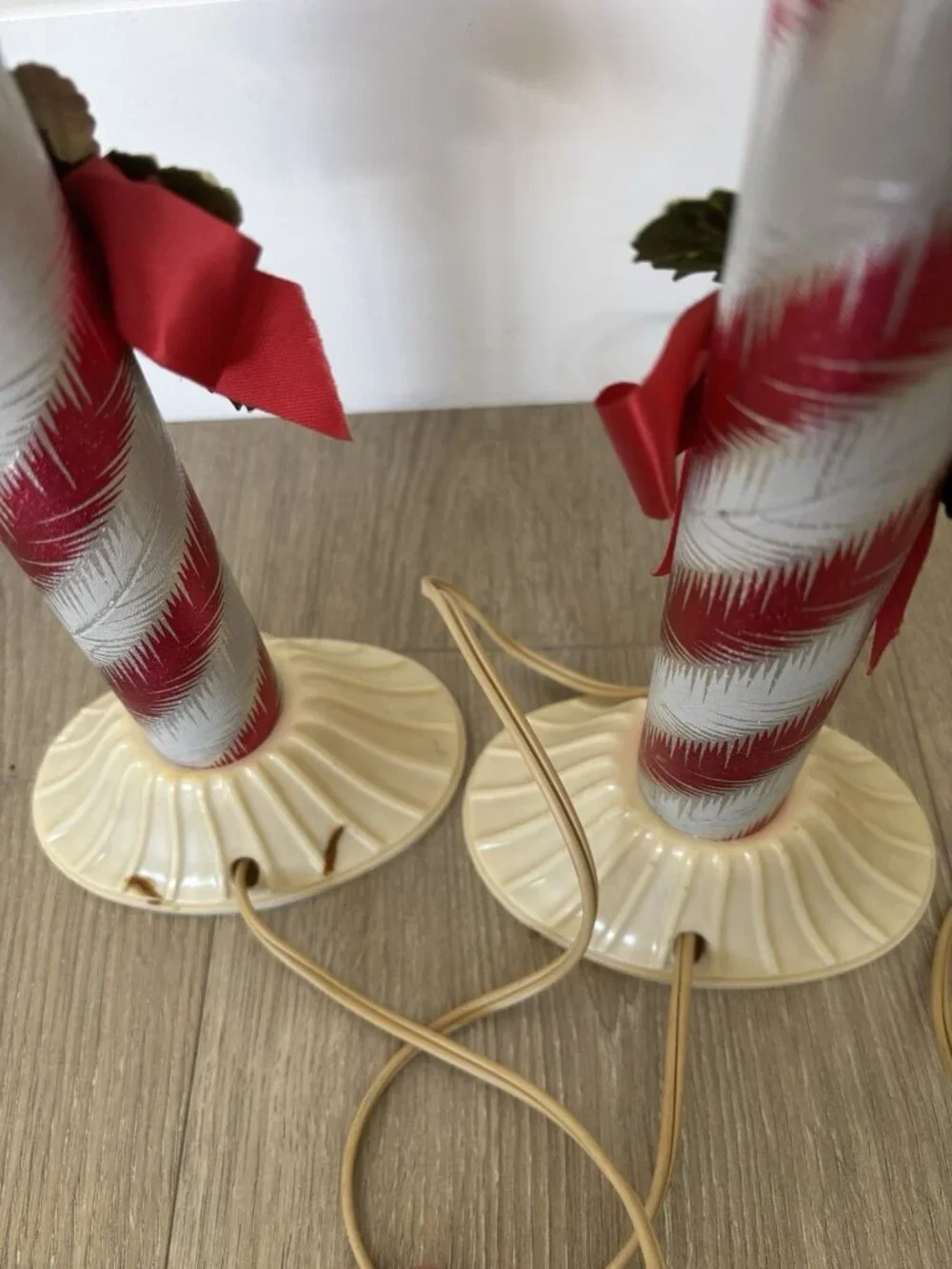 2 Vtg MCM 1950’s Candy Striped Electric CANDLE Xmas Light 12”